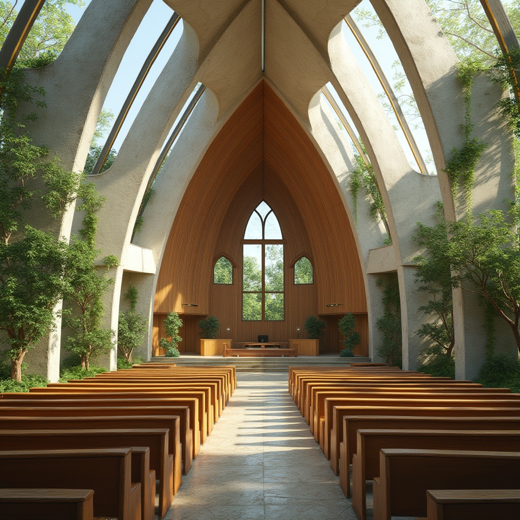 Prompt: Eco-friendly church building, natural stone fa\u00e7ade, reclaimed wood accents, energy-efficient stained glass windows, solar panel roof integration, green roofs with lush vegetation, rainwater harvesting systems, recycled metal cladding, low-VOC paint finishes, FSC-certified wooden pews, organic-shaped architecture, earthy color palette, soft diffused lighting, serene atmosphere, peaceful ambiance, minimalist interior design, cross-shaped skylights, natural ventilation systems, geothermal heating and cooling, rustic stone flooring, living walls with greenery.