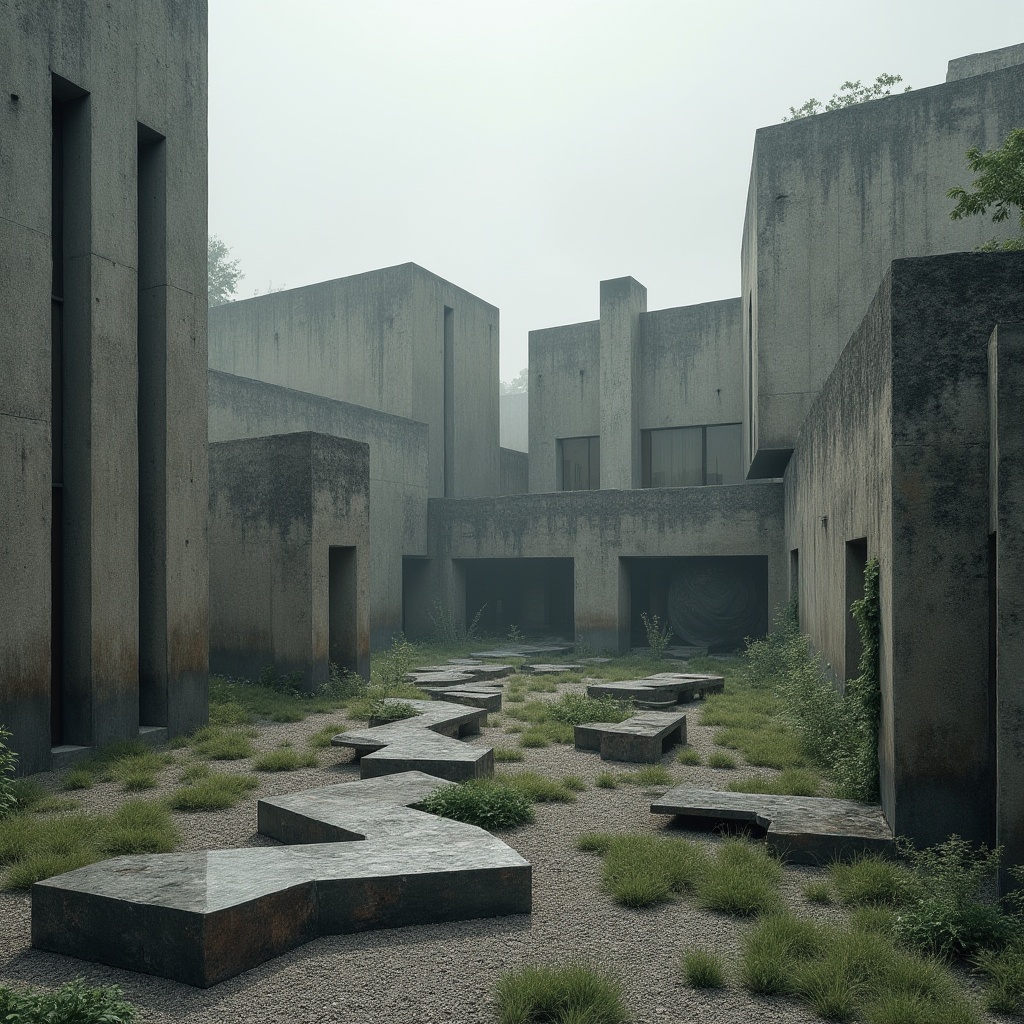 Prompt: Rugged brutalist architecture, raw concrete walls, fortress-like structures, industrial landscape design, sparse greenery, succulent plants, gravel pathways, angular stone benches, minimalist water features, modern sculptures, abstract art installations, dramatic shadows, high-contrast lighting, cinematic composition, 1/1 aspect ratio, moody atmospheric conditions, overcast skies, subtle misting effects.