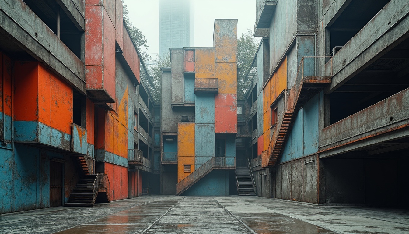 Prompt: Geometric buildings, fragmented forms, intersecting planes, bold color blocking, abstract murals, industrial materials, exposed ductwork, concrete floors, metallic structures, suspended staircases, asymmetrical compositions, urban cityscape, overcast sky, dramatic shadows, high contrast lighting, 3/4 composition, low-angle shot, gritty textures, atmospheric fog.