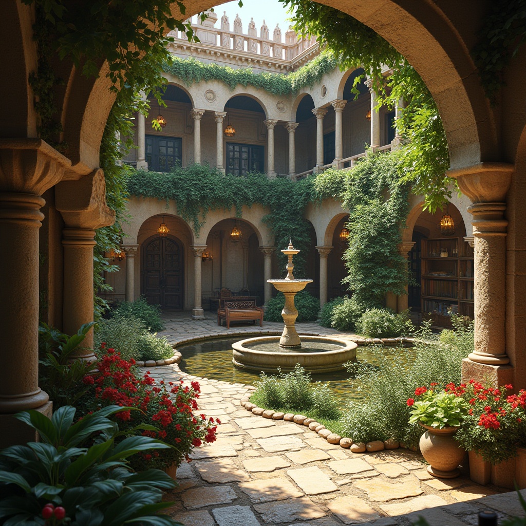 Prompt: Serene monastery courtyard, ornate fountains, lush greenery, vibrant flowers, rustic stone walls, wooden benches, lanterns, grand archways, stained glass windows, elegant chandeliers, rich wood paneling, intricate carvings, Renaissance-inspired frescoes, soft warm lighting, shallow depth of field, 3/4 composition, panoramic view, realistic textures, ambient occlusion.