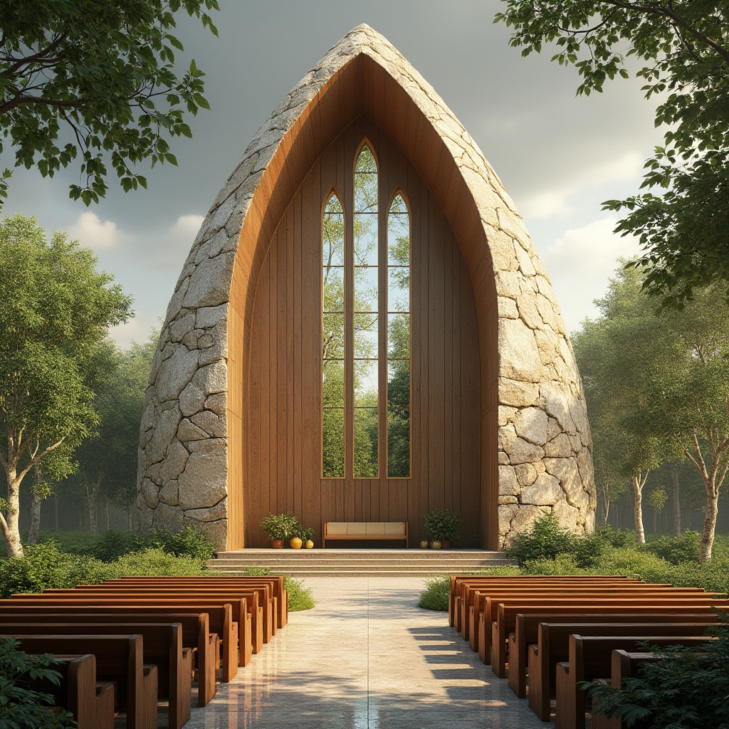 Prompt: Eco-friendly church architecture, natural stone fa\u00e7ade, recycled wood accents, solar panels, green roofs, rainwater harvesting systems, energy-efficient lighting, stained glass windows, minimalist interior design, organic textures, earthy color palette, serene atmosphere, soft warm lighting, shallow depth of field, 1/1 composition, realistic reflections, ambient occlusion.