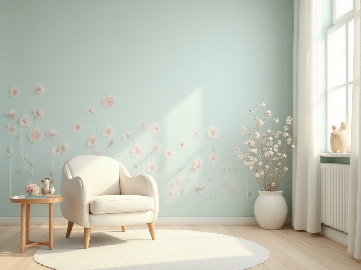 Prompt: Pastel baby blue walls, soft creamy whites, warm beige accents, calming gentle curves, rounded shapes, minimalist decor, serene nursery atmosphere, natural wood tones, delicate flower patterns, subtle texture overlays, shallow depth of field, 1/1 composition, realistic render, ambient occlusion, warm softbox lighting.