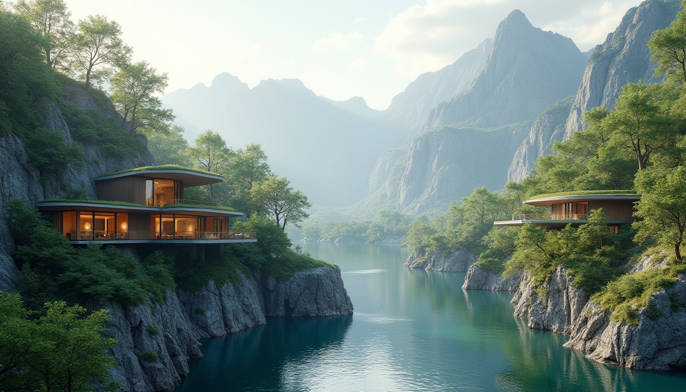 Prompt: Sweeping mountain ranges, serene lakeside, lush forests, meandering rivers, organic curves, blended architecture, natural stone facades, green roofs, living walls, cantilevered structures, modern minimalist design, large windows, sliding glass doors, seamless transitions, subtle color palette, soft warm lighting, ambient occlusion, realistic textures, shallow depth of field, 3/4 composition, panoramic view.