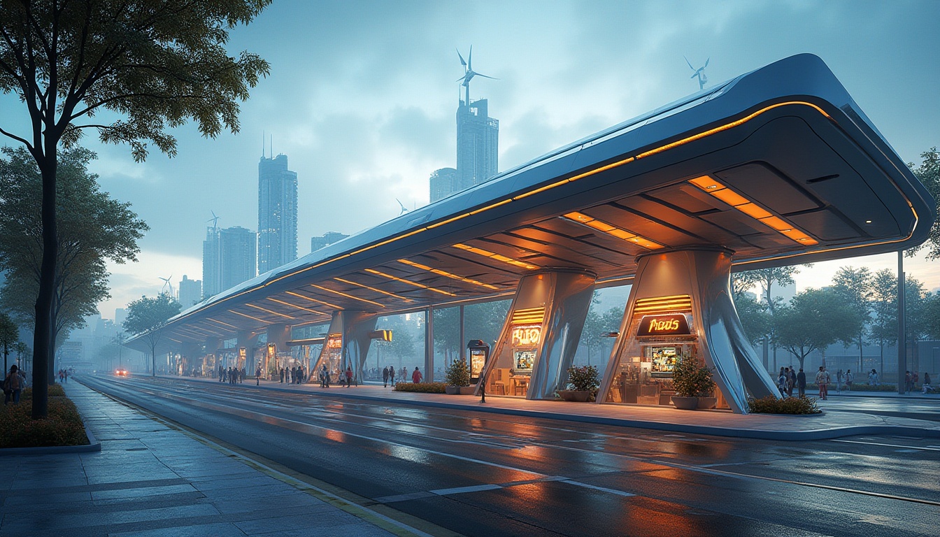 Prompt: Futuristic bus station, dynamic LED light displays, sleek metal cladding, angular lines, minimalist design, cantilevered roofs, transparent glass fa\u00e7ades, modern typography, urban cityscape, busy streets, morning rush hour, soft natural lighting, shallow depth of field, 3/4 composition, panoramic view, realistic textures, ambient occlusion, green roofs, eco-friendly materials, innovative ventilation systems, solar panels, wind turbines, water conservation systems, vibrant colorful accents, intricate geometric patterns.