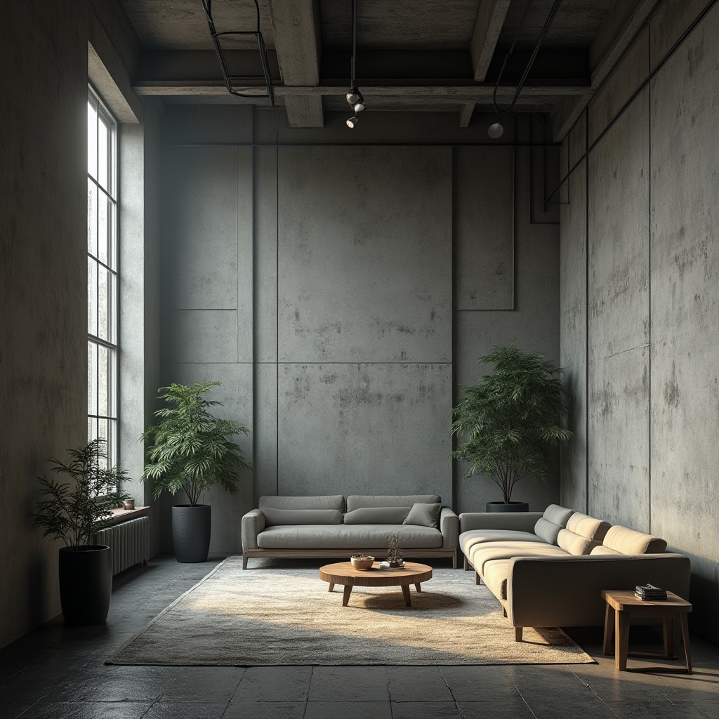 Prompt: Raw concrete walls, exposed ductwork, industrial metal beams, minimalist decor, monochromatic color scheme, bold geometric shapes, fortress-like architecture, dramatic natural light, sparse greenery, brutalist furniture, rugged stone flooring, distressed wood accents, urban loft atmosphere, moody ambient lighting, high contrast ratio, cinematic composition, gritty textures, atmospheric fog.