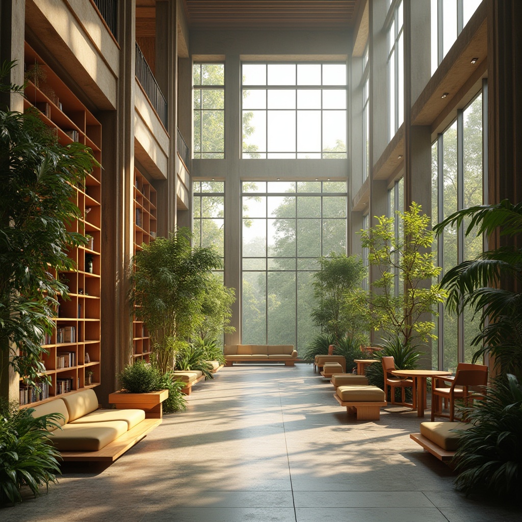 Prompt: Grand atrium, high ceilings, floor-to-ceiling windows, natural stone floors, wooden shelving units, cozy reading nooks, comfortable seating areas, warm ambient lighting, soft diffused light, subtle shadows, vibrant greenery, lush plants, calm atmosphere, peaceful ambiance, minimalist decor, modern architecture, sustainable design, eco-friendly materials, abundant daylight, gentle sunbeams, panoramic views, 1/1 composition, realistic textures.