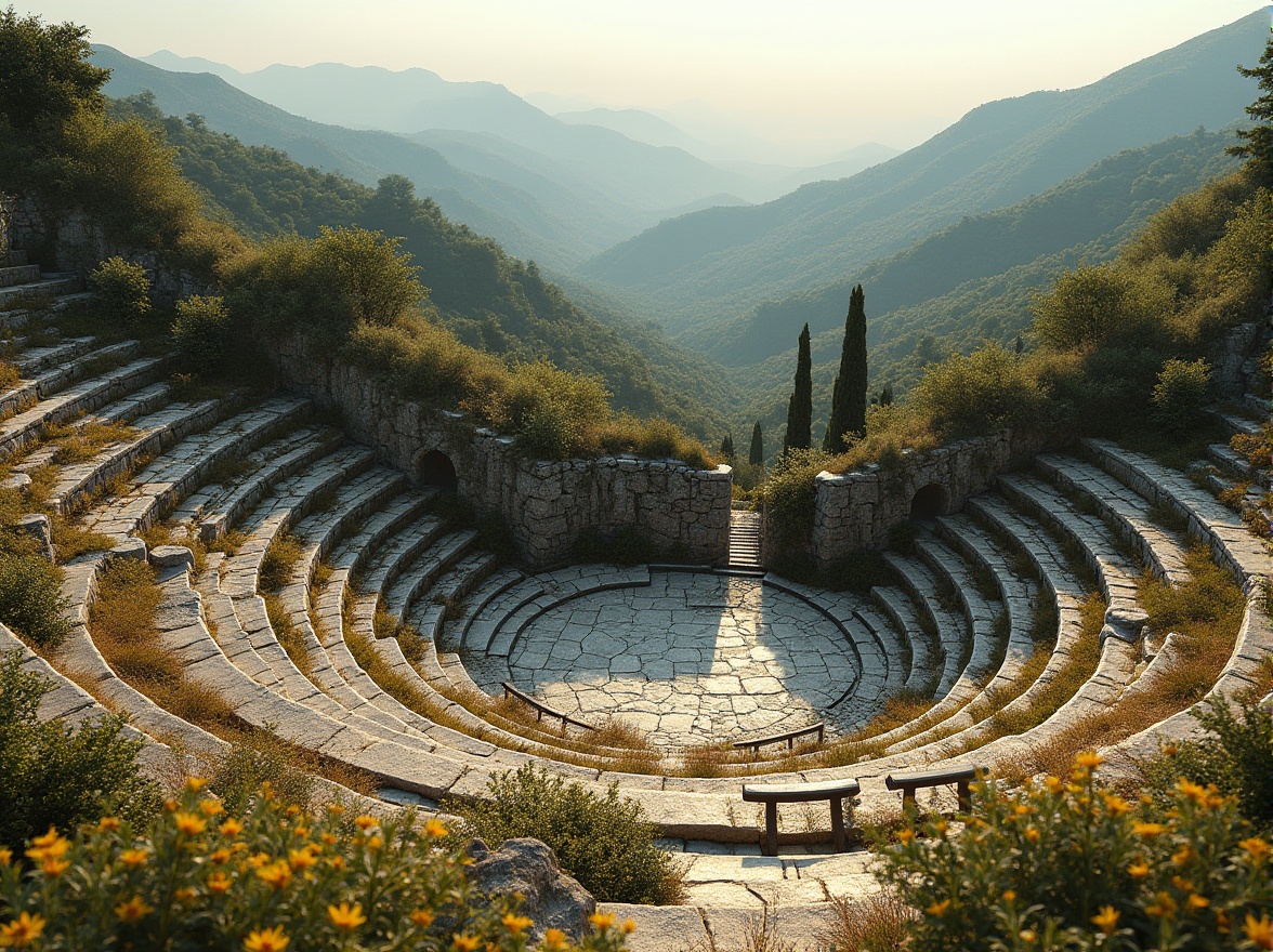 Prompt: Natural amphitheater setting, rolling hills, lush greenery, scenic overlooks, tiered seating areas, curved stone benches, wooden railings, rustic metal accents, earthen walls, organic landscape integration, native plant species, blooming wildflowers, warm afternoon lighting, soft shadows, 1/2 composition, atmospheric perspective, realistic rock textures, ambient occlusion.