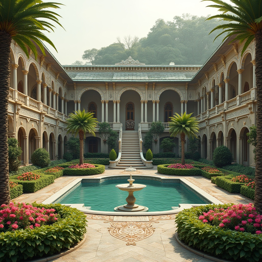 Prompt: Ornate Baroque villas, curved balconies, grand staircases, lush green roofs, ornamental fountains, natural stone walls, intricate carvings, gilded decorations, symmetrical gardens, meandering pathways, serene water features, majestic trees, vibrant flower arrangements, soft warm lighting, 3/4 composition, panoramic view, realistic textures, ambient occlusion.