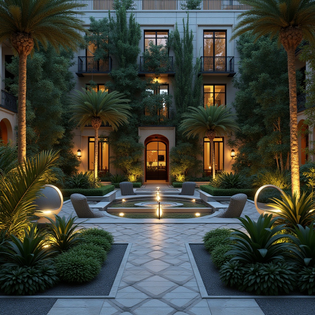 Prompt: Geometric ornamental gardens, symmetrical pathways, elegant fountains, lush greenery, vibrant tropical plants, palm trees, decorative planters, art deco-inspired sculptures, modern outdoor furniture, sleek metal railings, ornate gates, luxurious water features, subtle uplighting, dramatic nighttime illumination, 1/1 composition, shallow depth of field, realistic textures, ambient occlusion.