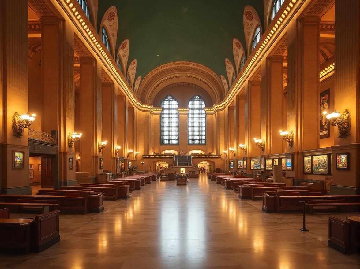 Prompt: Grandiose transportation hub, Beaux-Arts architecture, ornate details, intricate moldings, polished marble floors, high ceilings, grand chandeliers, symmetrical facade, Ionic columns, rusticated bases, ornamental metalwork, luxurious velvet textiles, rich wood paneling, gilded accents, warm golden lighting, soft focus, 1/2 composition, shallow depth of field, realistic reflections.