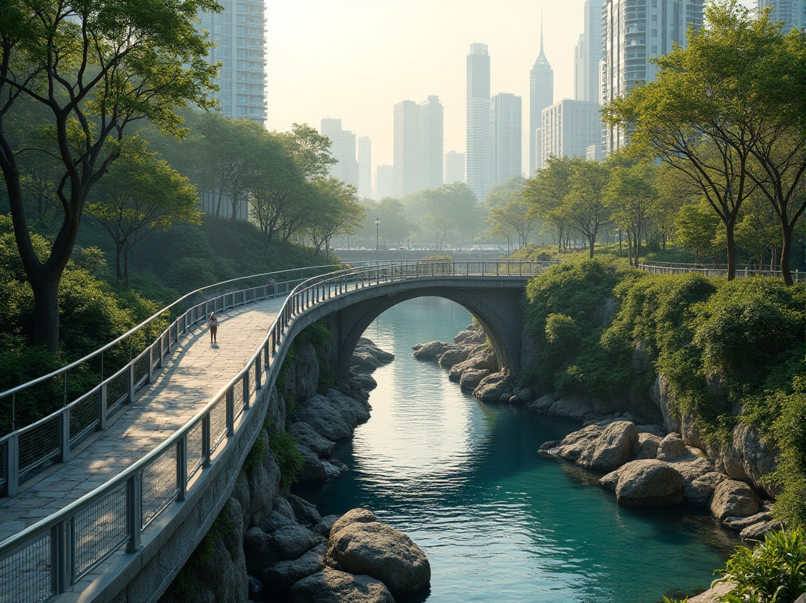 Prompt: Curved pedestrian bridges, lush greenery, serene water features, natural stone pathways, modern architecture, sleek metal railings, glass floors, panoramic city views, vibrant urban landscapes, bustling streets, morning fog, soft warm lighting, shallow depth of field, 3/4 composition, realistic textures, ambient occlusion.