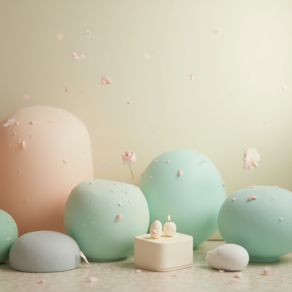 Prompt: Soft pastel hues, gentle gradient transitions, creamy whites, warm beige tones, rich turquoise accents, soothing mint greens, calming lavender shades, subtle golden highlights, natural wood textures, earthy terracotta undertones, serene atmospheric lighting, shallow depth of field, 1/1 composition, realistic renderings, ambient occlusion.