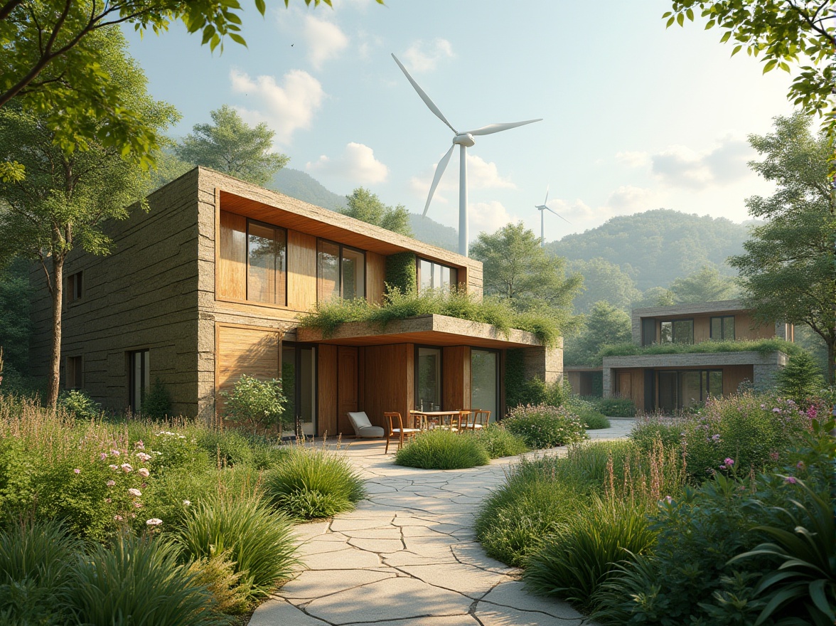 Prompt: Eco-friendly buildings, recycled materials, energy-efficient systems, green roofs, living walls, rainwater harvesting, solar panels, wind turbines, natural ventilation, passive design strategies, low-carbon footprint, minimalist aesthetic, reclaimed wood accents, organic shapes, earthy color palette, abundant natural light, soft diffused lighting, shallow depth of field, 3/4 composition, panoramic view, realistic textures, ambient occlusion.