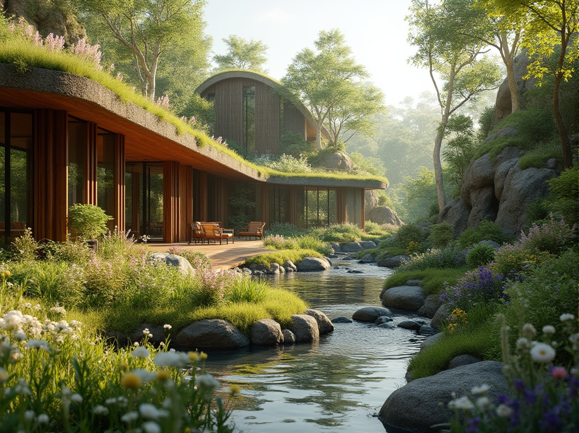 Prompt: Seamless landscape integration, natural harmony, organic shapes, earthy tones, green roofs, living walls, eco-friendly materials, sustainable architecture, curved lines, minimal visual impact, blending with surroundings, rustic wooden accents, stone pathways, lush vegetation, wildflowers, serene atmosphere, soft warm lighting, shallow depth of field, 1/1 composition, realistic textures, ambient occlusion.