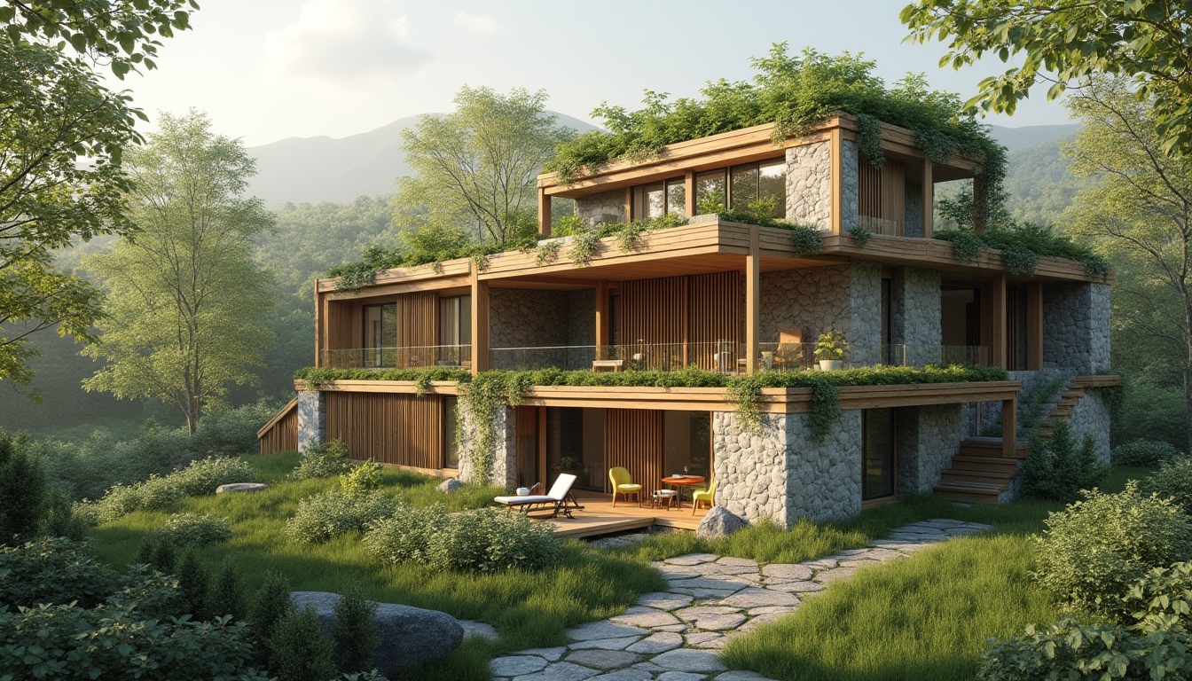 Prompt: Eco-friendly building, recycled materials, low-carbon footprint, sustainable architecture, green roofs, living walls, natural stone facades, reclaimed wood accents, bamboo flooring, solar panels, wind turbines, rainwater harvesting systems, grey water reuse, minimal waste generation, locally sourced materials, FSC-certified timber, energy-efficient systems, thermal insulation, double glazing, passive house design, minimalist decor, organic paint finishes, natural fiber textiles, soft warm lighting, shallow depth of field, 3/4 composition, realistic textures, ambient occlusion.