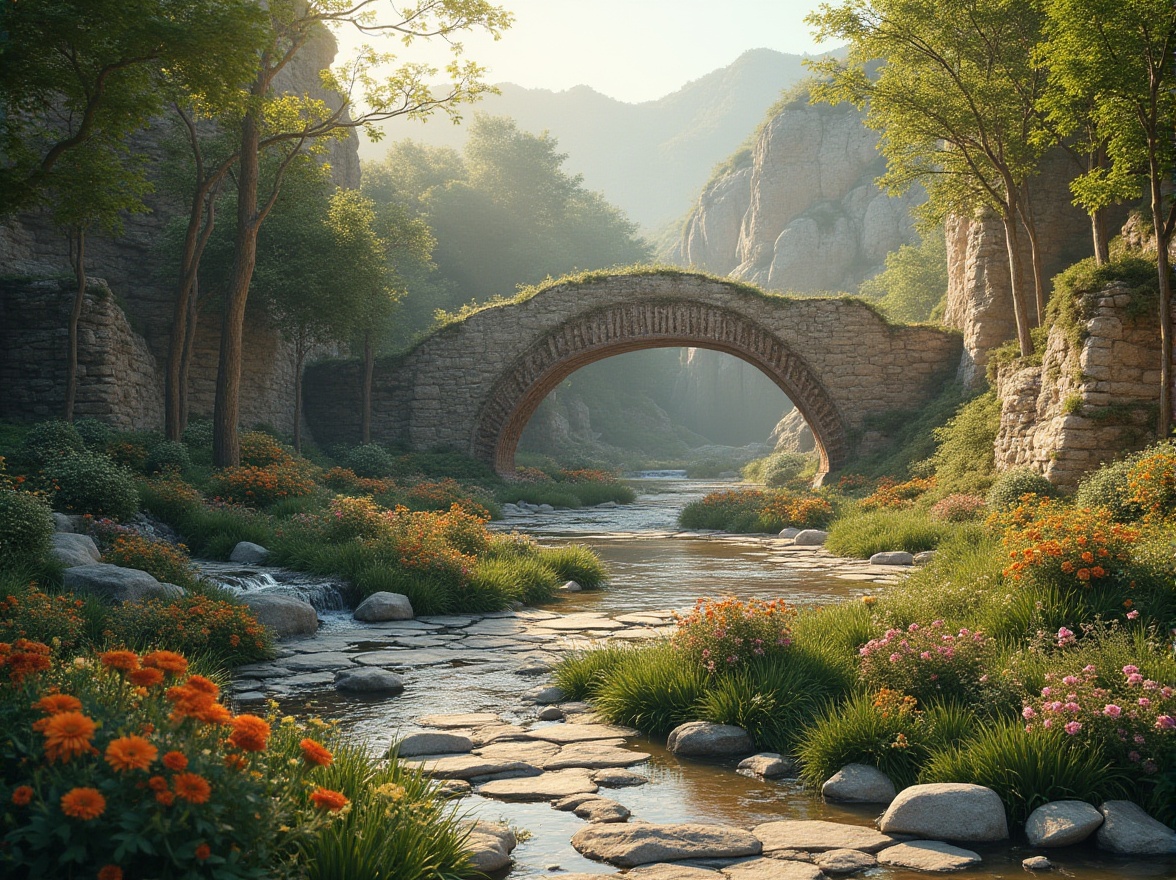 Prompt: Seamless landscape integration, organic forms, natural stone walls, curved lines, earthy tones, lush greenery, vibrant wildflowers, winding paths, meandering streams, serene water features, rustic wooden bridges, weathered steel accents, ambient misting systems, warm sunny day, soft diffused lighting, 1/1 composition, symmetrical balance, realistic textures, subtle atmospheric effects.