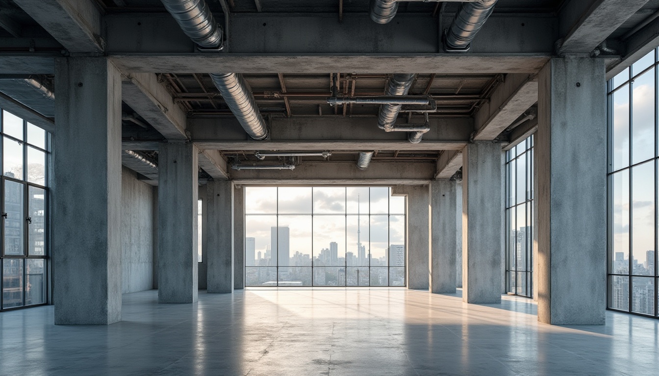 Prompt: Intricate steel beams, exposed ductwork, industrial chic aesthetic, polished concrete floors, modern urban atmosphere, natural light pouring in, airy open spaces, minimalist decor, sleek metal columns, geometric patterns, functional simplicity, brutalist architecture, raw unfinished textures, urban cityscape, cloudy sky, soft diffused lighting, 3/4 composition, realistic materials, ambient occlusion.