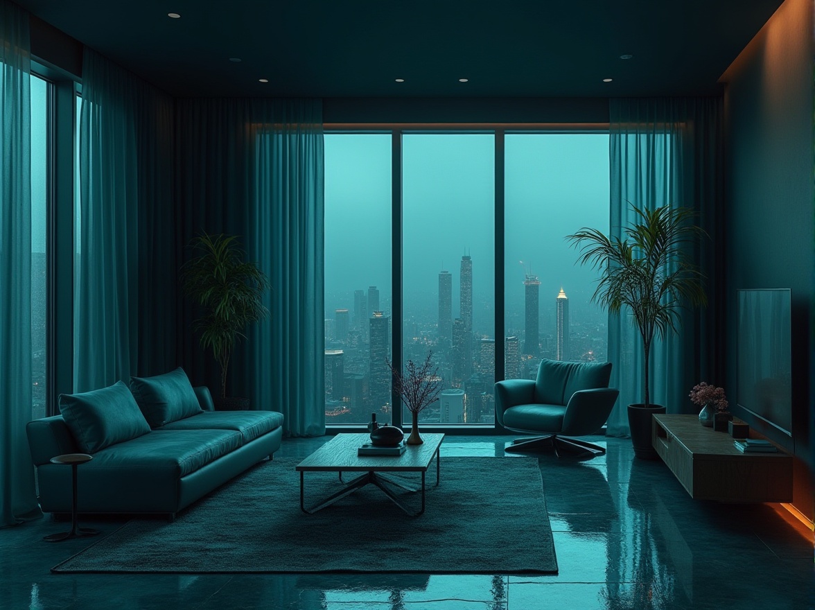 Prompt: Moody dark cyan walls, sleek modern furniture, metallic accents, minimalist decor, dimmable LED lighting, floor-to-ceiling windows, urban cityscape views, rainy day atmosphere, shallow depth of field, 1/1 composition, high contrast ratio, rich textures, subtle ambient occlusion.