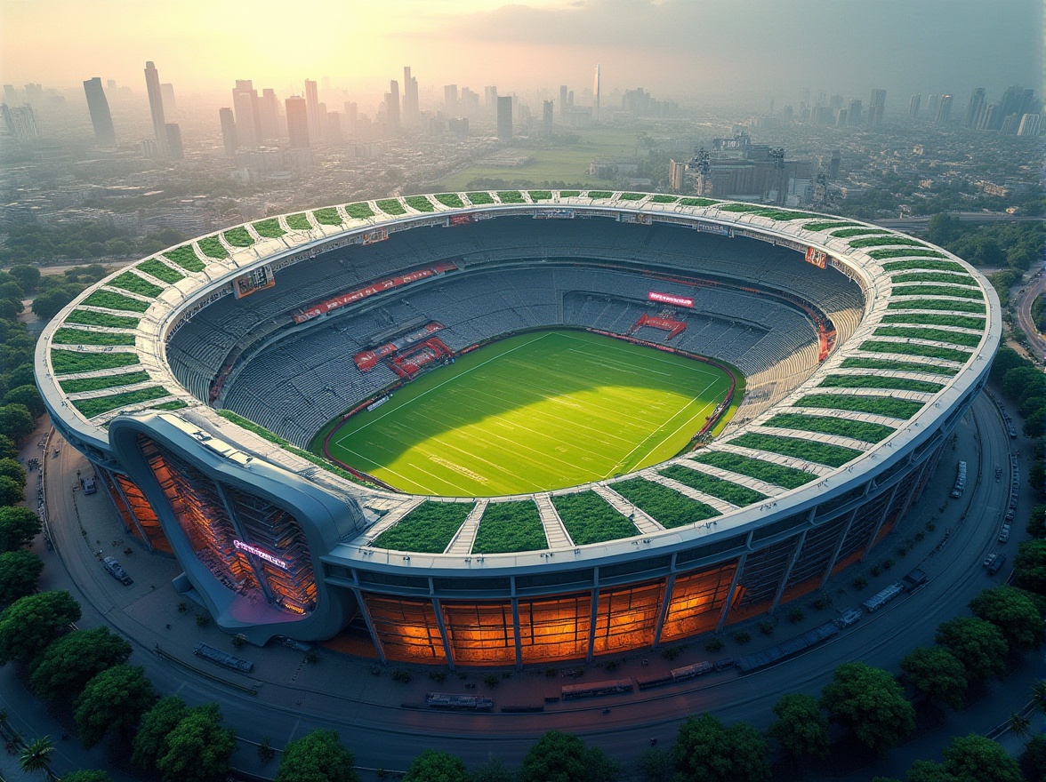 Prompt: Futuristic football stadium, dynamic curved lines, angular metallic fa\u00e7ade, LED lighting displays, vibrant team colors, towering grandstands, lush green roofs, urban cityscape, sunny afternoon, dramatic shadowing, 1/2 composition, shallow depth of field, realistic reflections, ambient occlusion, sleek modern architecture, cantilevered structures, glass and steel materials, geometric patterns, atmospheric misting systems.