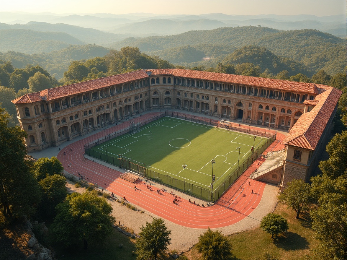 Prompt: Rustic sports arena, ancient Romanesque fa\u00e7ade, arched windows, ornate stone carvings, grand entrance gates, red terracotta rooftops, lush greenery, athletic track, soccer field, tennis courts, basketball hoops, spectator seating, vibrant sports equipment, sunny afternoon, warm golden lighting, shallow depth of field, 3/4 composition, panoramic view, realistic textures, ambient occlusion.