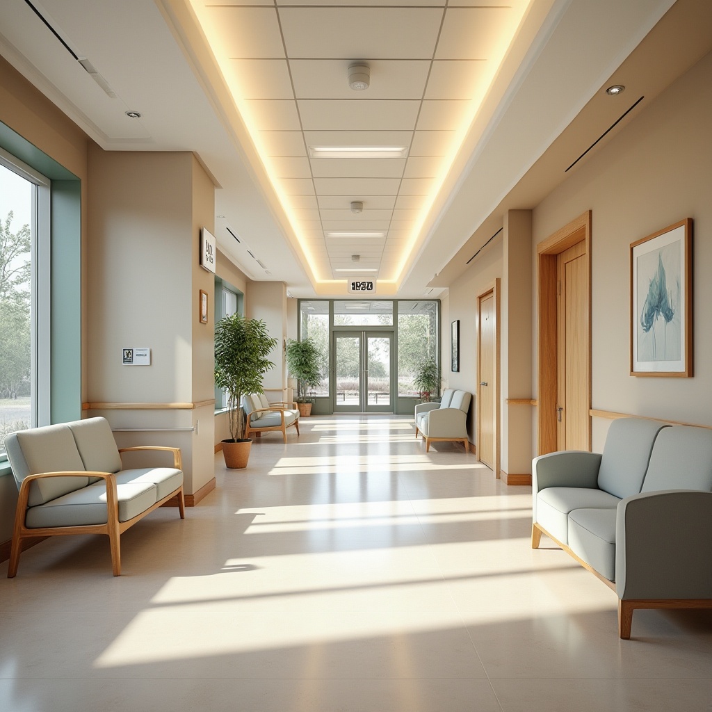 Prompt: Calming hospital interior, soothing color palette, natural wood accents, comfortable seating areas, quiet waiting rooms, warm lighting fixtures, acoustic ceiling panels, minimal clutter, spacious corridors, clear signage, accessible nurse stations, private patient rooms, large windows, abundant natural light, gentle curves, non-institutional feel, 1/1 composition, soft focus, atmospheric rendering.