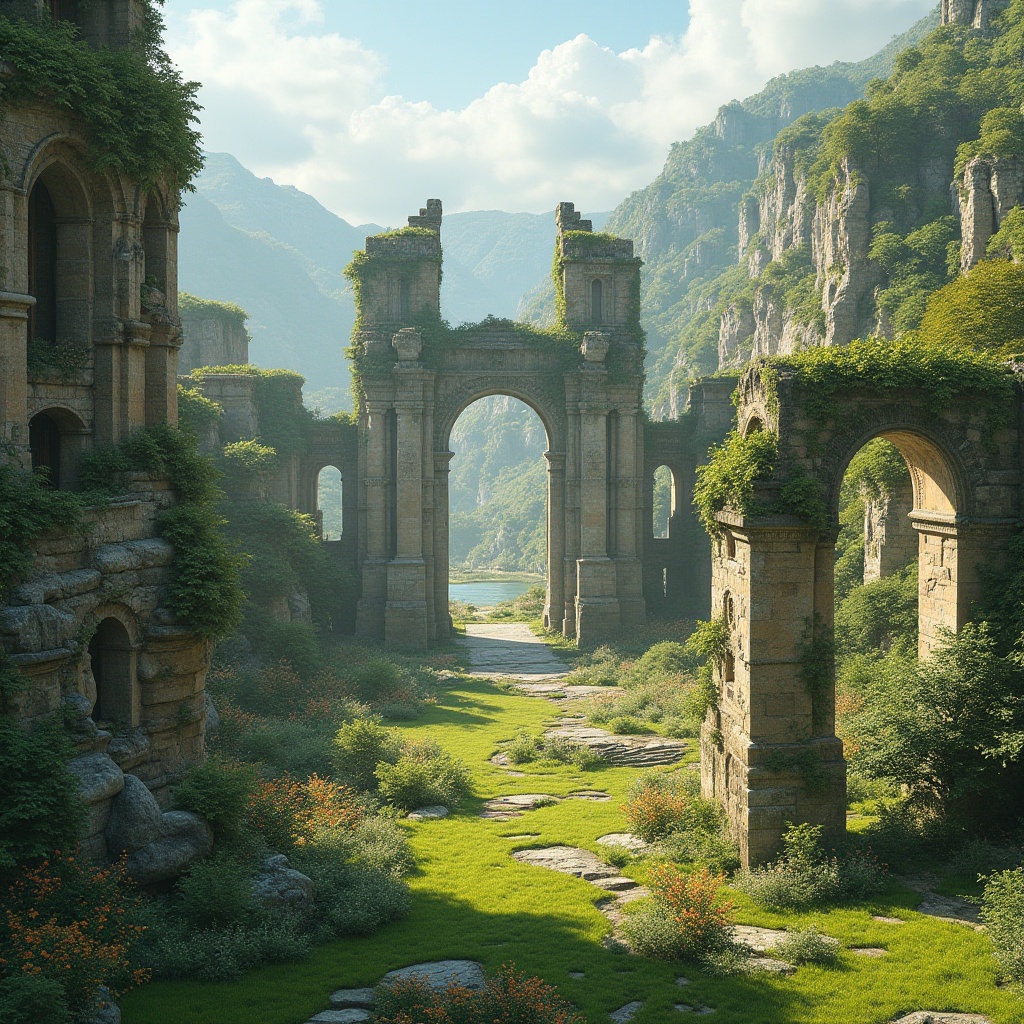 Prompt: Ancient monument ruins, lush green landscapes, meandering rivers, fusion architecture styles, modern materials integration, weathered stone textures, intricate carvings, ornate details, grand entrance arches, sprawling gardens, vibrant flower blooms, sunny day, soft warm lighting, shallow depth of field, 3/4 composition, panoramic view, realistic textures, ambient occlusion, cultural heritage preservation, historical significance emphasis, futuristic twists on classic designs, sleek metallic accents, innovative structural systems.