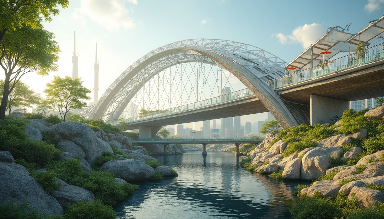 Prompt: Ecological bridge, curved steel arches, green roofs, solar panels, wind turbines, water conservation systems, eco-friendly materials, innovative cooling technologies, shaded pedestrian walkways, misting systems, natural stone foundations, reinforced concrete piers, modern minimalist design, angular lines, reflective glass railings, vibrant colorful safety barriers, intricate geometric motifs, sunny day, soft warm lighting, shallow depth of field, 3/4 composition, panoramic view, realistic textures, ambient occlusion.