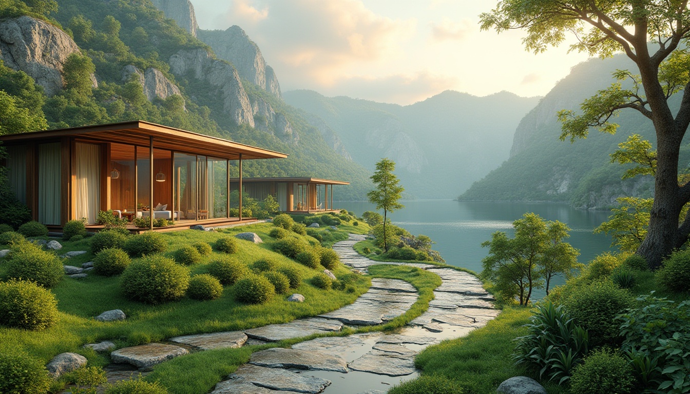 Prompt: Lush green hills, winding stone paths, serene lakeside scenery, modern minimalist architecture, floor-to-ceiling windows, sliding glass doors, natural wood accents, warm earthy tones, seamless transitions, panoramic views, shallow depth of field, 3/4 composition, realistic textures, ambient occlusion, vibrant flora, tranquil atmosphere, soft warm lighting, gentle breeze sounds.