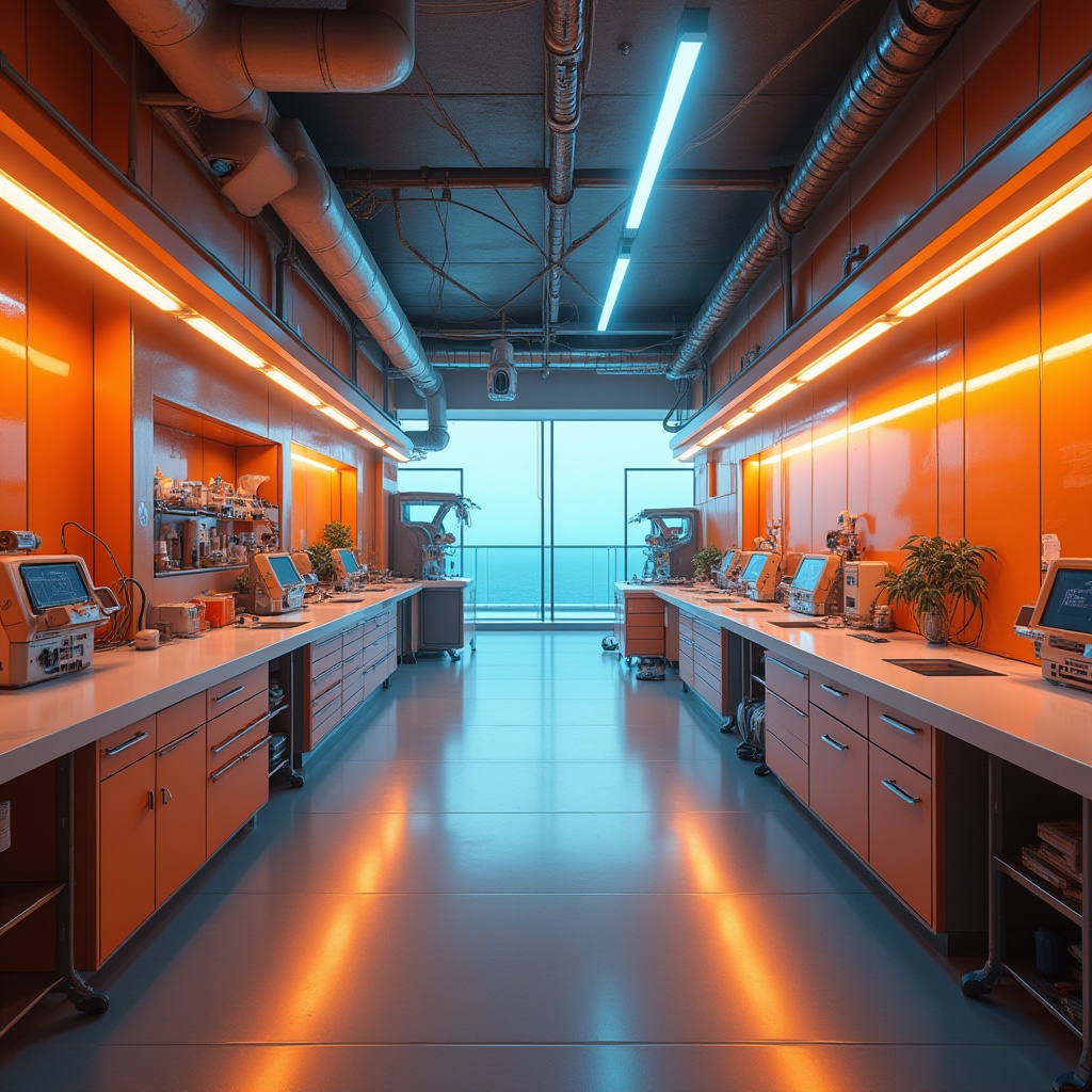 Prompt: Vibrant metabolic lab, neon-lit corridors, bold orange accents, sleek metal equipment, futuristic architecture, glass fa\u00e7ades, minimalist interior design, high-contrast color scheme, electric blue undertones, warm beige walls, polished concrete floors, modern LED lighting, ambient occlusion, shallow depth of field, 3/4 composition, panoramic view.