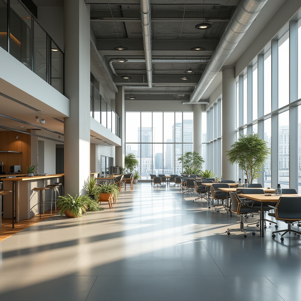 Prompt: Modern building interior, open floor plan, minimalist decor, sleek metal accents, floor-to-ceiling windows, natural light pouring in, flexible workspaces, modular furniture, ergonomic chairs, collaborative zones, acoustic panels, sound-absorbing materials, calming color scheme, subtle textures, geometric patterns, 1/1 composition, softbox lighting, shallow depth of field, realistic reflections, ambient occlusion.