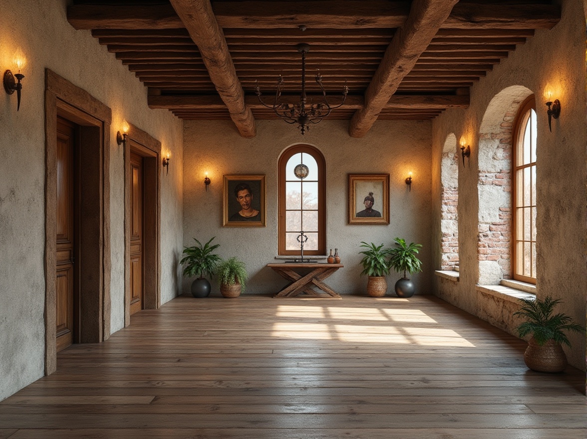 Prompt: Rustic textured walls, earthy tones, natural stone accents, wooden beam ceilings, distressed finishes, industrial chic decor, exposed brick details, rough-hewn wood planks, warm ambient lighting, cozy atmosphere, 1/2 composition, shallow depth of field, realistic textures, subtle color palette.