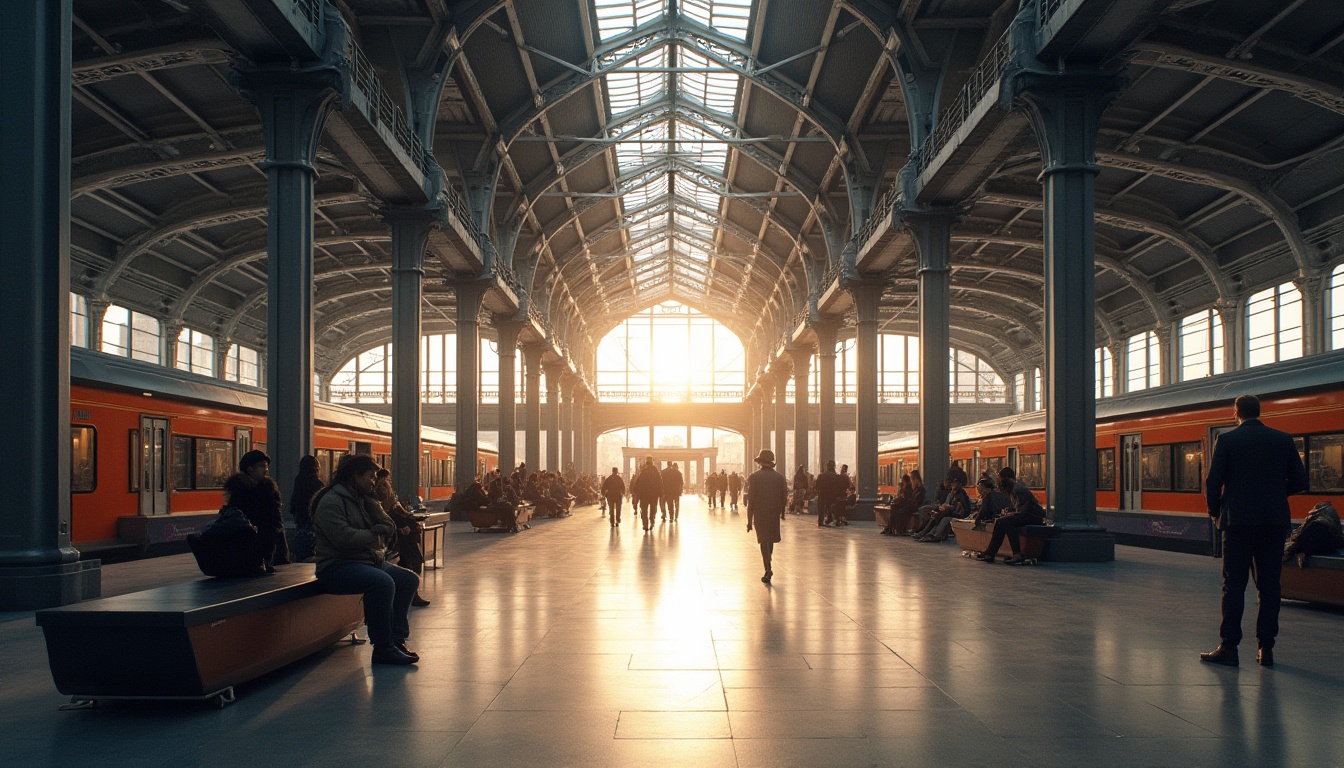 Prompt: Grand train station, high ceilings, large windows, natural light pouring in, steel beams, modern architecture, industrial chic, concrete flooring, sleek benches, minimalist decor, urban atmosphere, busy commuters, morning rush hour, soft warm lighting, shallow depth of field, 1/1 composition, symmetrical framing, realistic textures, ambient occlusion.