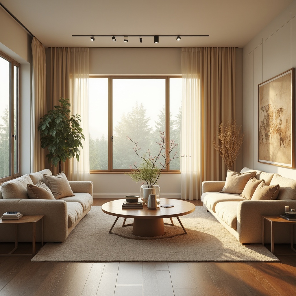 Prompt: Cozy living room, plush sofas, warm beige walls, wooden flooring, floor-to-ceiling windows, natural light, comfortable seating areas, minimalist coffee tables, vibrant greenery, decorative vases, soft cream-colored curtains, modern track lighting, 1/2 composition, shallow depth of field, realistic textures, ambient occlusion.