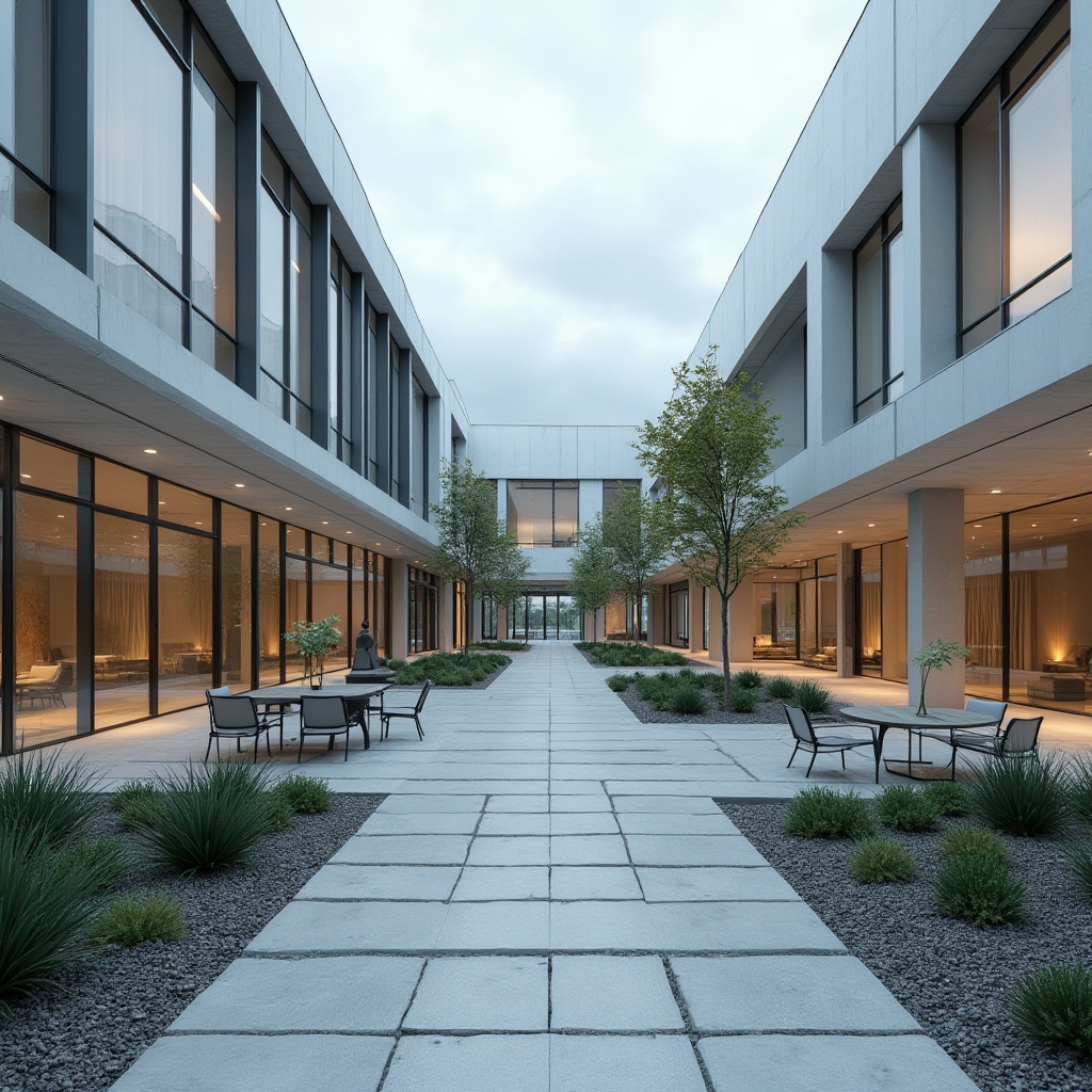 Prompt: Minimalist hospital building, clean lines, rectangular shapes, functional architecture, steel frames, large glass windows, open courtyards, modern outdoor furniture, sparse greenery, succulent plants, gravel pathways, geometric patterned tiles, industrial lighting, urban cityscape, cloudy day, soft diffused lighting, shallow depth of field, 1/1 composition, symmetrical view, realistic materials, ambient occlusion.