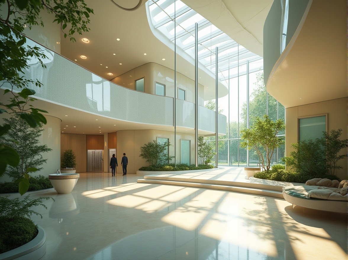 Prompt: \Soothing hospital interior, abundant natural light, floor-to-ceiling windows, clerestory windows, skylights, reflective surfaces, minimal shading devices, open spaces, green roofs, lush vegetation, calming colors, gentle curves, organic shapes, eco-friendly materials, sustainable design, energy-efficient systems, warm ambiance, soft indirect lighting, 1/2 composition, shallow depth of field, realistic textures, ambient occlusion.\