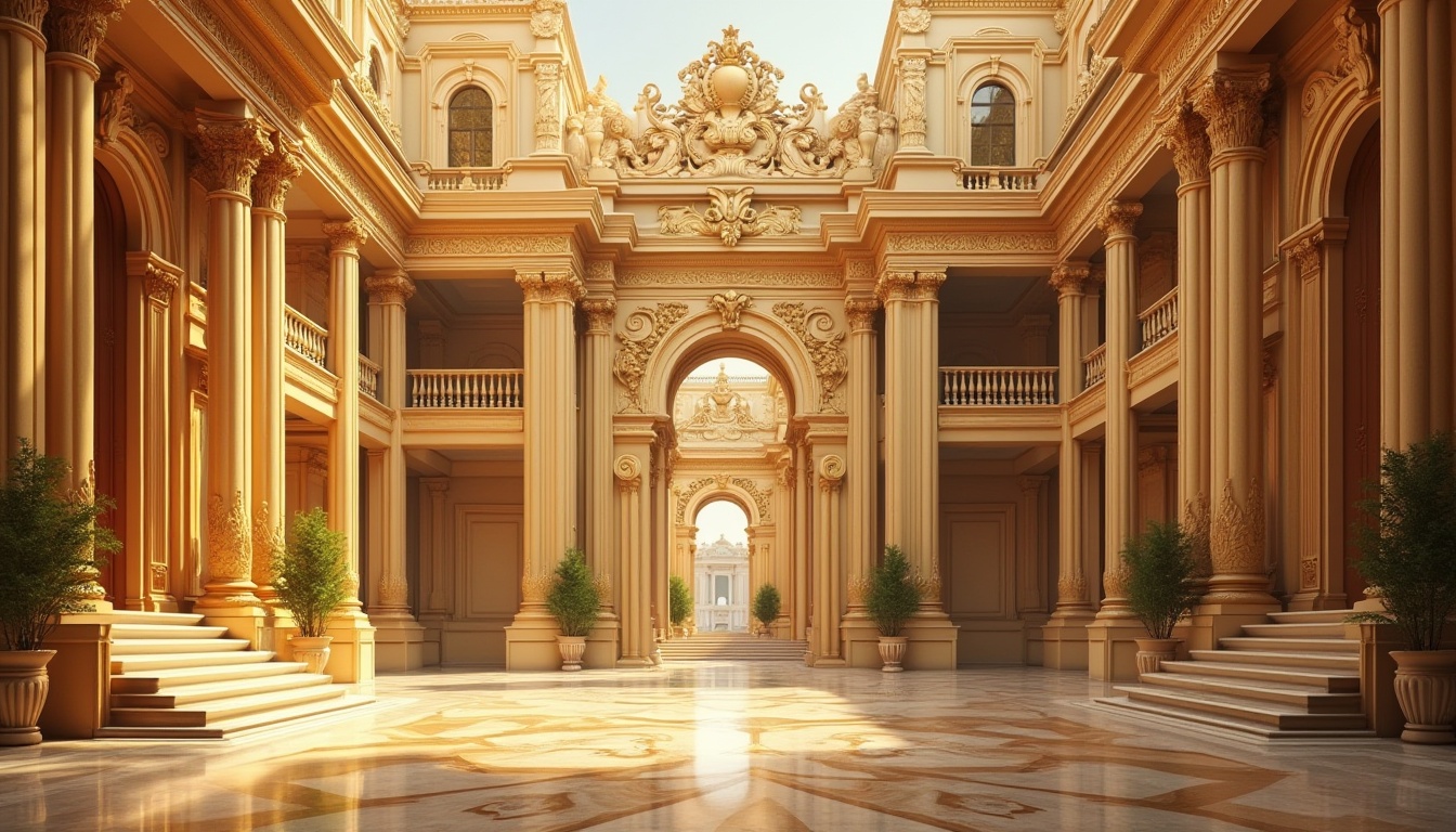 Prompt: Luxurious golden facades, ornate details, intricate carvings, grandiose entranceways, majestic columns, symmetrical architecture, opulent marble surfaces, lavish balconies, elegant cornices, regal rooflines, radiant sunlit atmosphere, warm golden lighting, shallow depth of field, 1/1 composition, realistic textures, ambient occlusion.