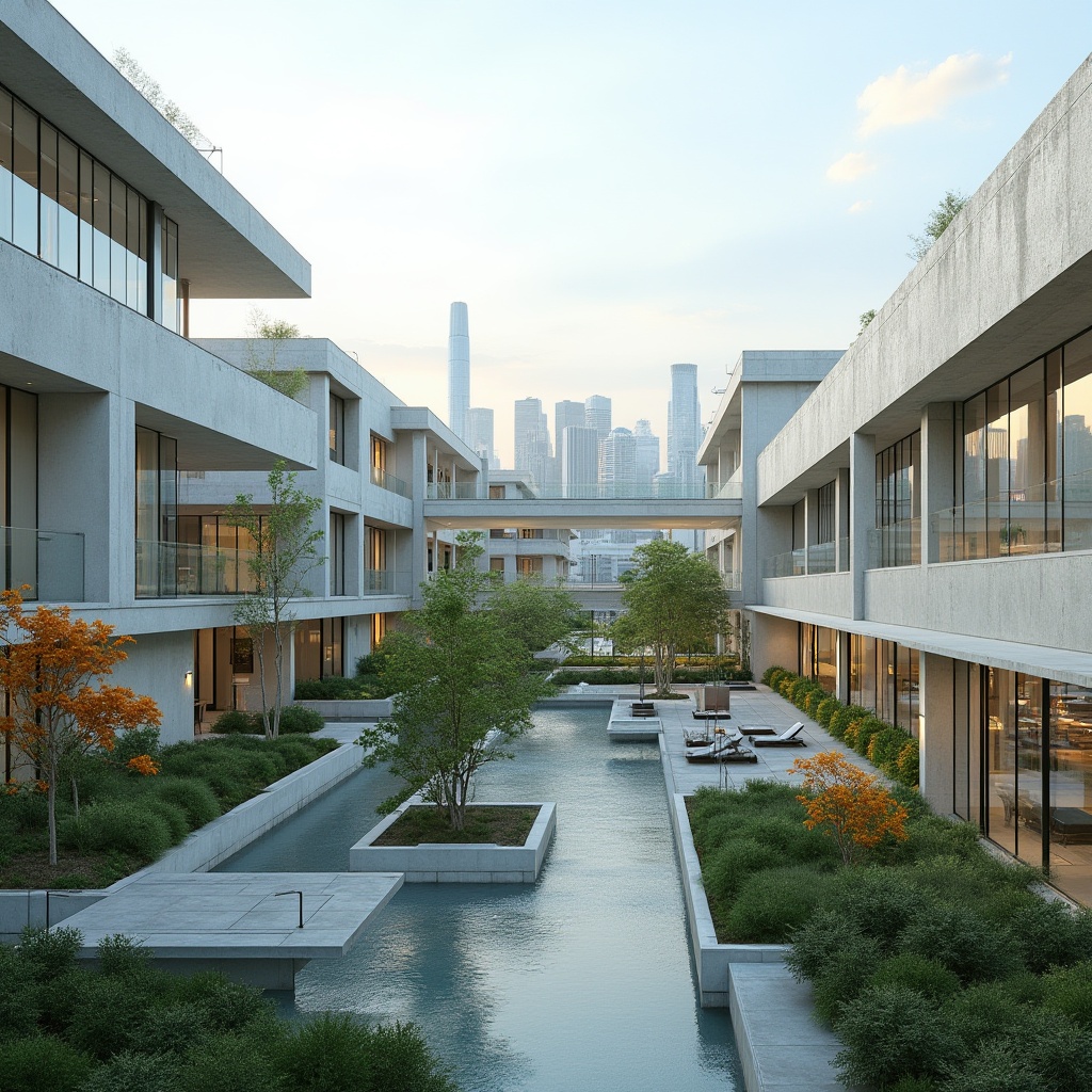 Prompt: Modernist hospital architecture, clean lines, minimal ornamentation, functional design, concrete buildings, large windows, metal frames, asymmetrical facades, industrial materials, urban landscape, city skyline, lush green roofs, native plant species, rain gardens, water features, modern outdoor furniture, minimalist lighting, soft shadows, 1/1 composition, realistic textures, ambient occlusion.