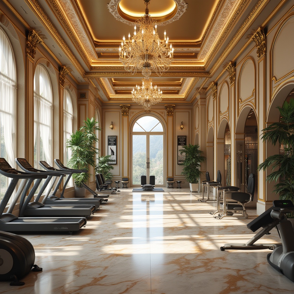 Prompt: Luxurious fitness club interior, ornate golden accents, intricate moldings, marble flooring, grand chandeliers, high ceilings, expansive windows, natural light pouring in, sleek modern equipment, vibrant color scheme, motivational quotes, luxurious locker rooms, spa-inspired amenities, aromatherapy, ambient lighting, 3/4 composition, shallow depth of field, realistic textures, ambient occlusion.