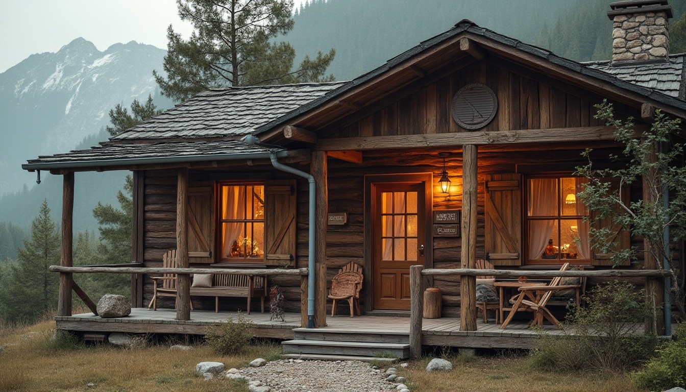 Prompt: Rustic hostel exterior, reclaimed wood fa\u00e7ade, earthy tone color palette, natural stone walls, wooden shutters, vintage metal doors, cozy porch seating, lantern lighting, scenic mountain views, misty morning atmosphere, soft warm lighting, shallow depth of field, 3/4 composition, panoramic view, realistic textures, ambient occlusion.