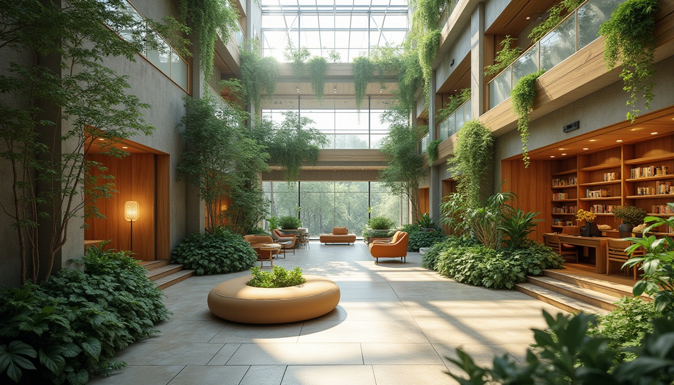 Prompt: Vibrant atrium, lush greenery, natural stone walls, floor-to-ceiling windows, transparent glass roof, soft warm lighting, diffused sunlight, gentle shadows, calming ambiance, minimalist decor, elegant simplicity, Nordic-inspired design, wooden accents, comfortable seating areas, cozy reading nooks, subtle color palette, inviting atmosphere, 1/1 composition, shallow depth of field, realistic textures, ambient occlusion.