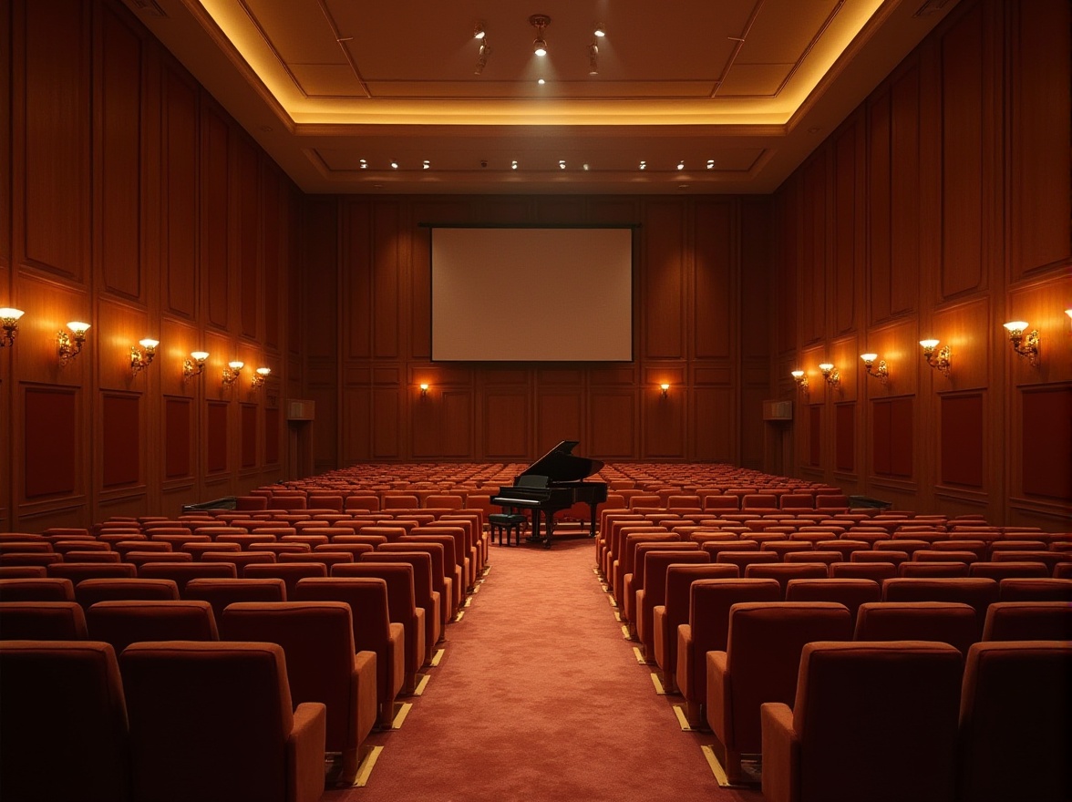 Prompt: Intimate concert hall, rich wood paneling, soft velvet seats, grand piano, professional sound equipment, delicate chandeliers, dimmed warm lighting, subtle echo reduction, optimal sound resonance, precise acoustic calibration, 3D audio modeling, realistic instrument textures, natural reverb effects, shallow depth of field, 2/3 composition, cinematic sound capture, immersive audio experience.