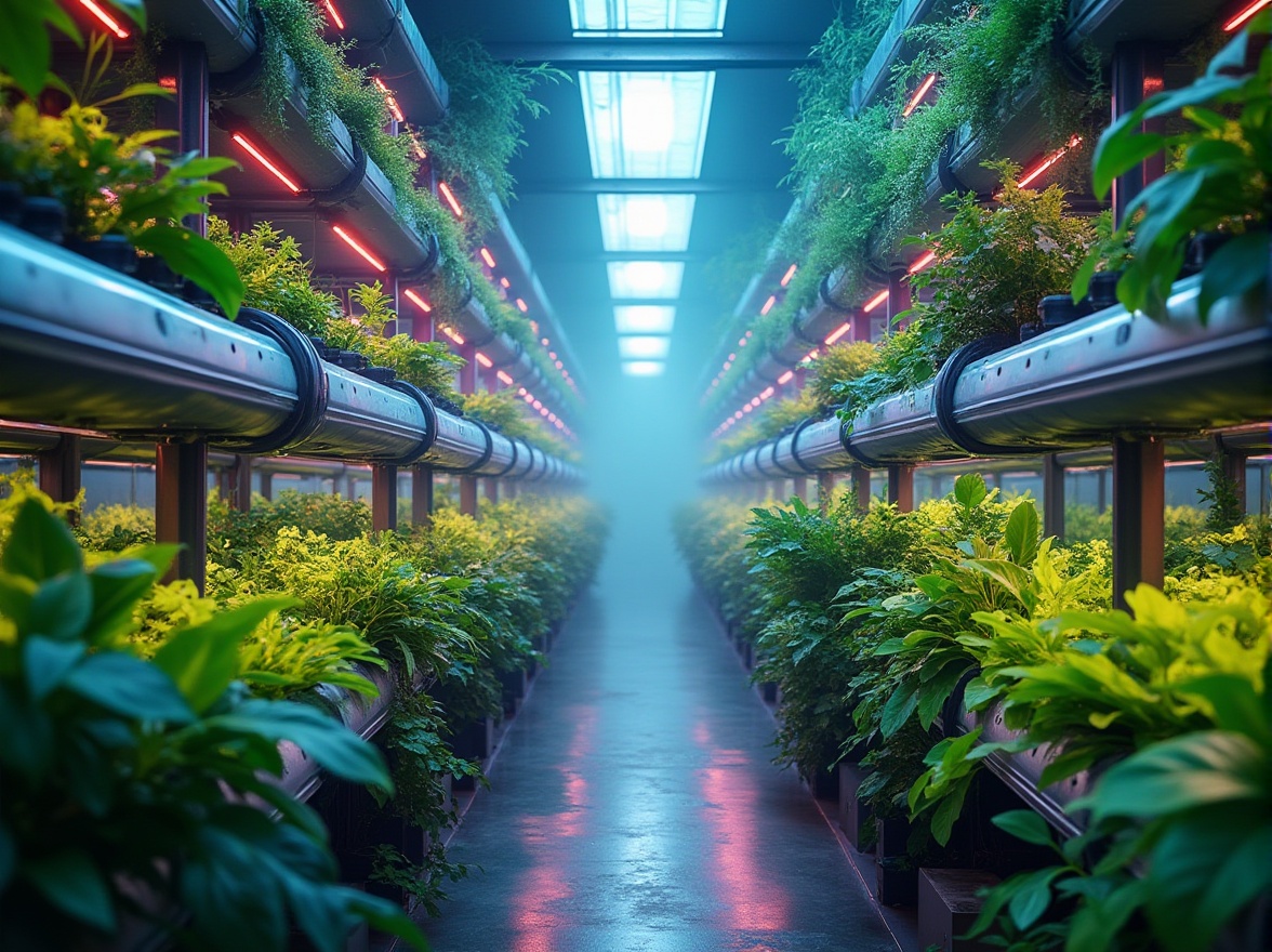 Prompt: Vibrant greenery, lush foliage, neon-lit hydroponics, iridescent glass walls, futuristic metallic frameworks, sleek automated irrigation systems, misty atmospheric conditions, soft ethereal lighting, pastel hues of blue and pink, glowing LED accents, matte black trim, polished chrome details, textured concrete floors, living walls, vertical farm installations, humid tropical ambiance, warm diffused light, shallow depth of field, 3/4 composition, panoramic view, realistic reflective surfaces.