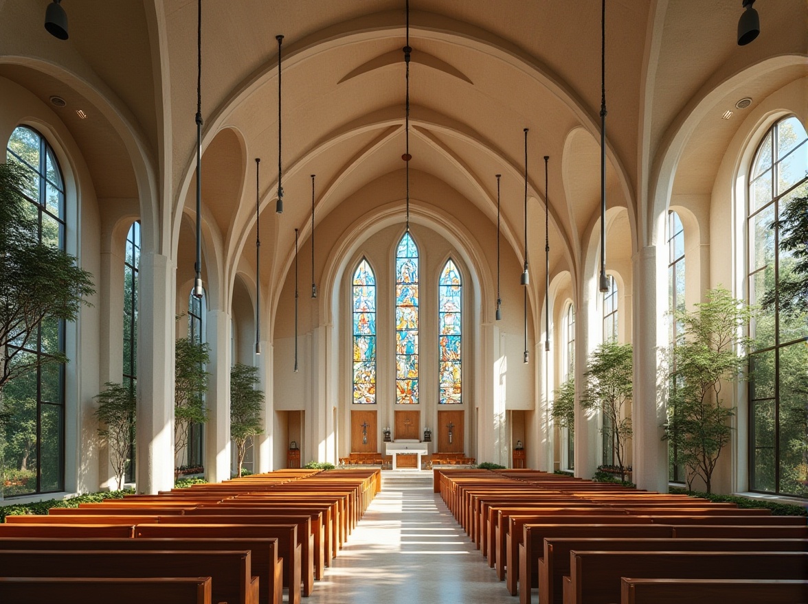 Prompt: Elegant church facade, recycled stone cladding, eco-friendly roof tiles, solar panels integration, rainwater harvesting system, natural ventilation, reclaimed wood pews, low-VOC paint finishes, energy-efficient stained glass windows, minimalist modern architecture, serene worship space, soft warm lighting, shallow depth of field, 1/1 composition, realistic textures, ambient occlusion.