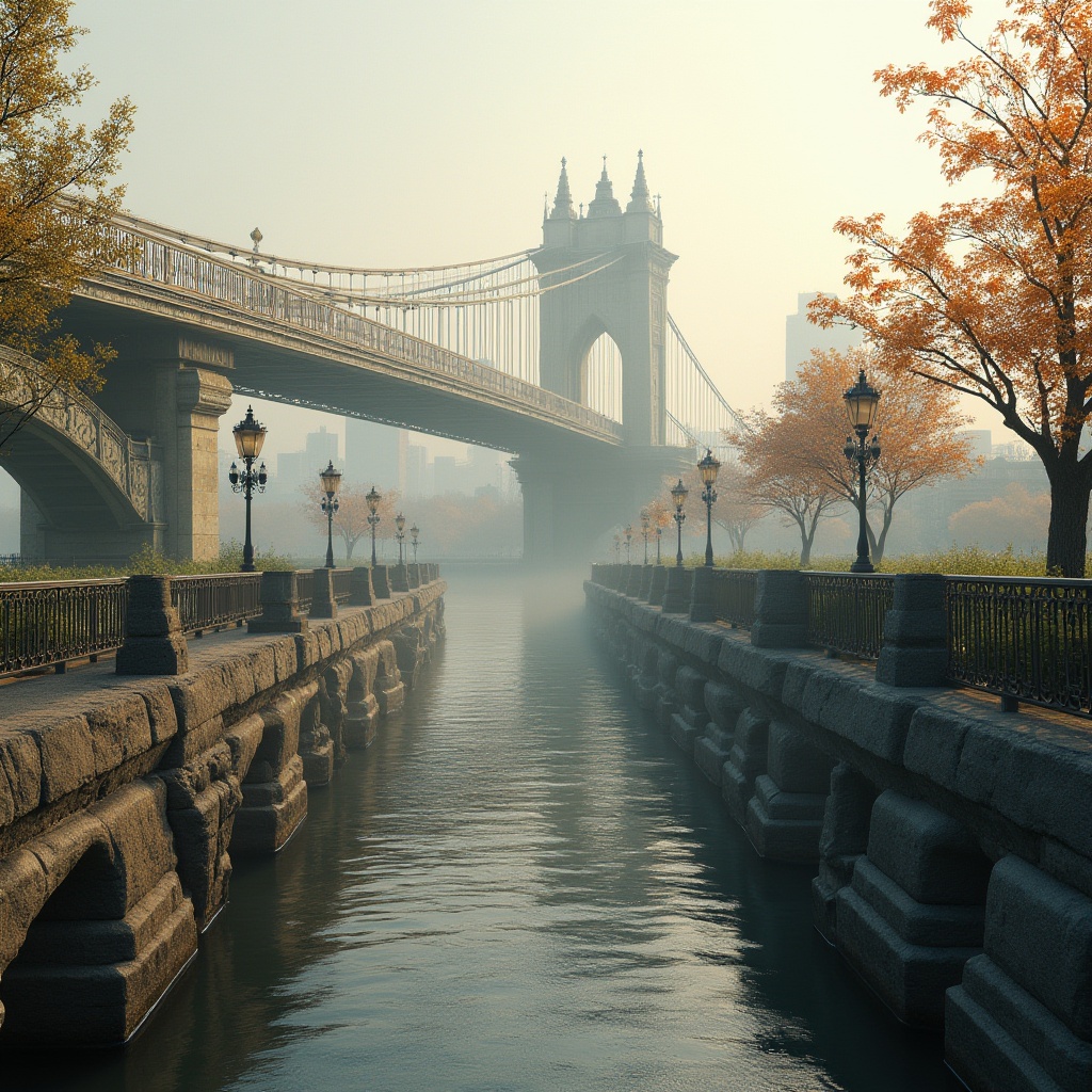 Prompt: Elegant vehicular bridge, sweeping arches, robust steel structures, ornate lamp posts, pedestrian walkways, lush greenery, misty morning atmosphere, soft warm lighting, shallow depth of field, 3/4 composition, panoramic view, realistic textures, ambient occlusion, rustic stone piers, refined metal railings, classic architectural details, symmetrical design, harmonious proportions, serene water reflections, vibrant autumn foliage.