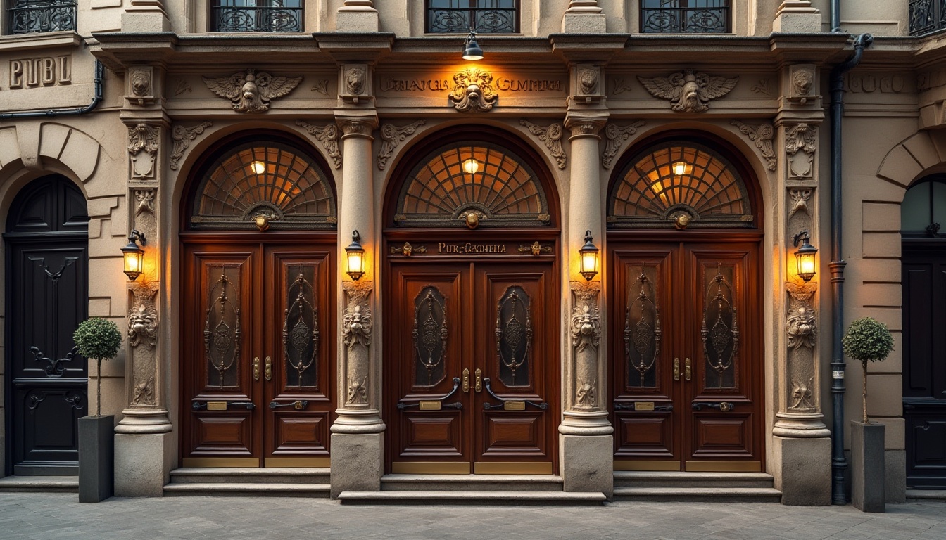 Prompt: Grandiose pub facade, ornate classical details, rusticated stone walls, Corinthian columns, arched windows, intricately carved wooden doors, bronze door handles, symmetrical composition, grand entrance, inviting atmosphere, warm golden lighting, soft focus, 1/2 composition, realistic textures, ambient occlusion.