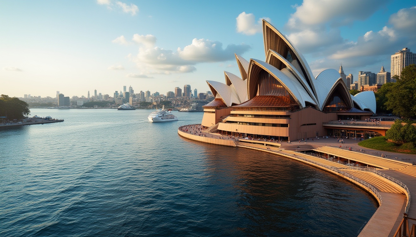 Prompt: Vibrant Sydney Harbour, majestic opera house, sail-like roof design, gentle sea breeze, soft morning light, natural stone fa\u00e7ade, sweeping staircases, grand concert halls, ornate chandeliers, plush red velvet seats, intricate wooden paneling, dramatic stage lighting, panoramic harbor views, bustling cityscape, ferry terminal proximity, scenic waterfront promenade, lush greenery, modern architecture, harmonious landscape integration, organic building forms, undulating rooflines, curvaceous design elements, dynamic light reflections, 3/4 composition, shallow depth of field.