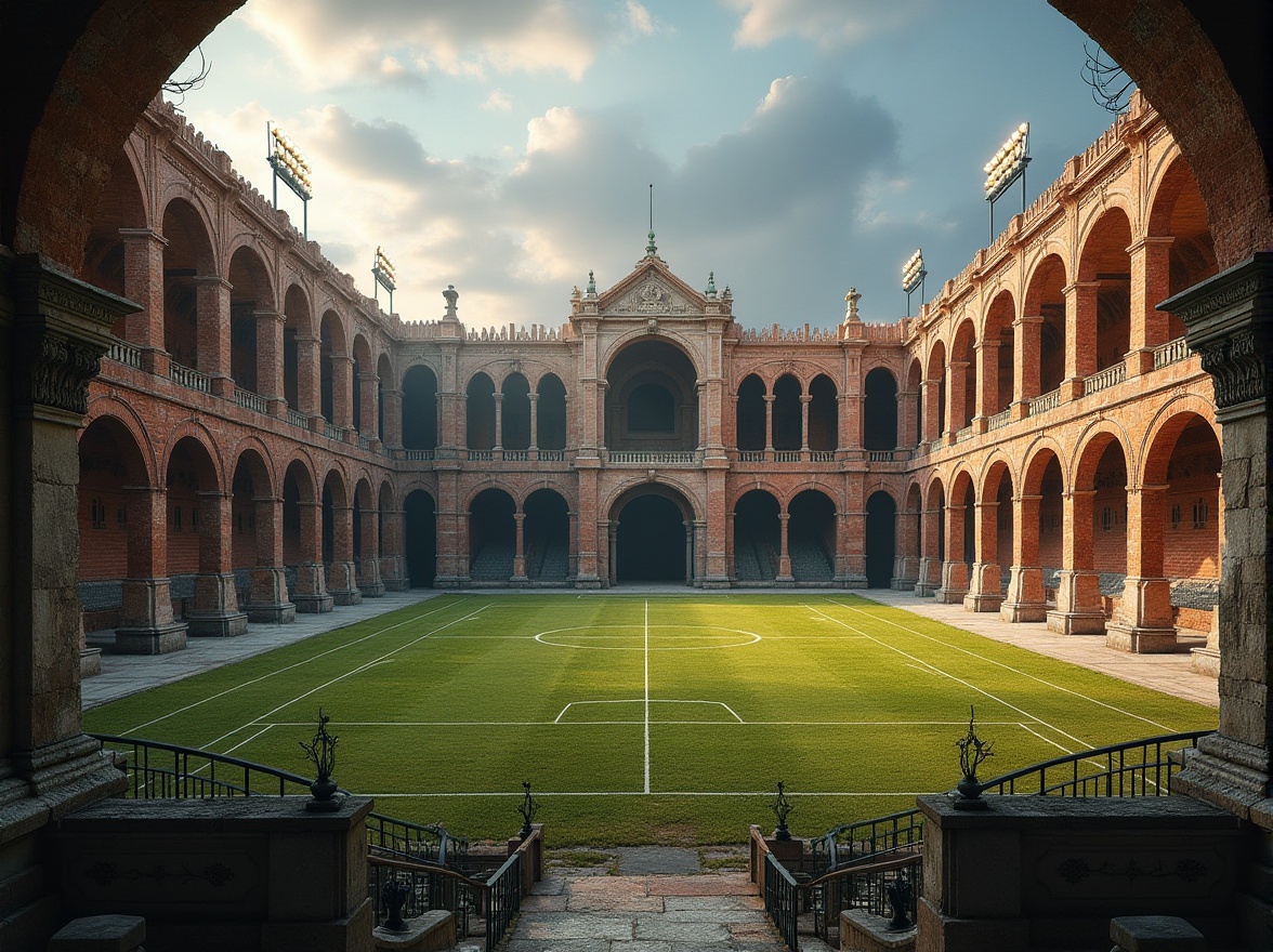 Prompt: Rustic sports stadium, ancient Romanesque facade, arches and columns, weathered stone walls, ornate carvings, grand entrance gates, vibrant green grass, athletic tracks, modern floodlights, evening warm lighting, shallow depth of field, 1/2 composition, symmetrical view, realistic textures, ambient occlusion, detailed brick patterns, earthy tone color palette.