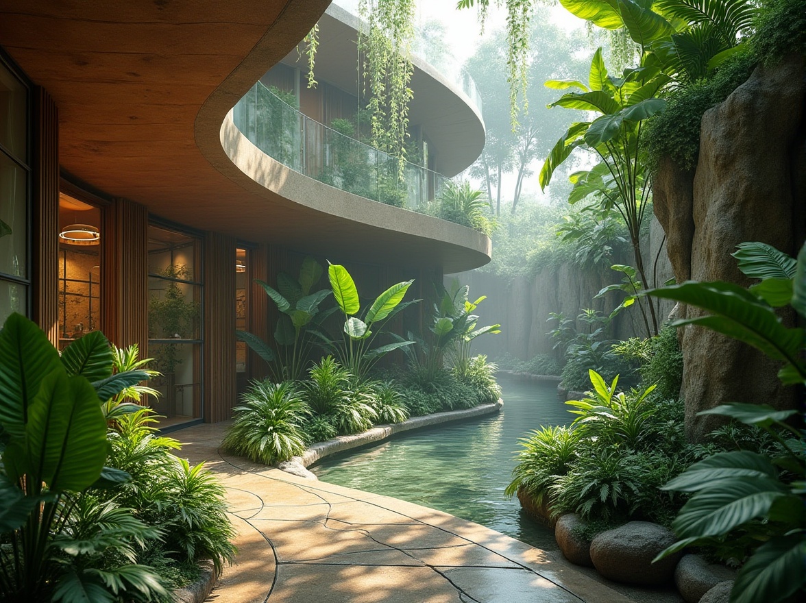 Prompt: Lush tropical foliage, exotic plants, natural stone walls, reclaimed wood accents, curved glass facades, organic shapes, futuristic lighting systems, misting water features, verdant green roofs, living walls, bio-inspired furniture, sustainable materials, energy-harvesting technology, ambient natural light, soft diffused illumination, 1/1 composition, shallow depth of field, realistic textures, atmospheric fog effects.