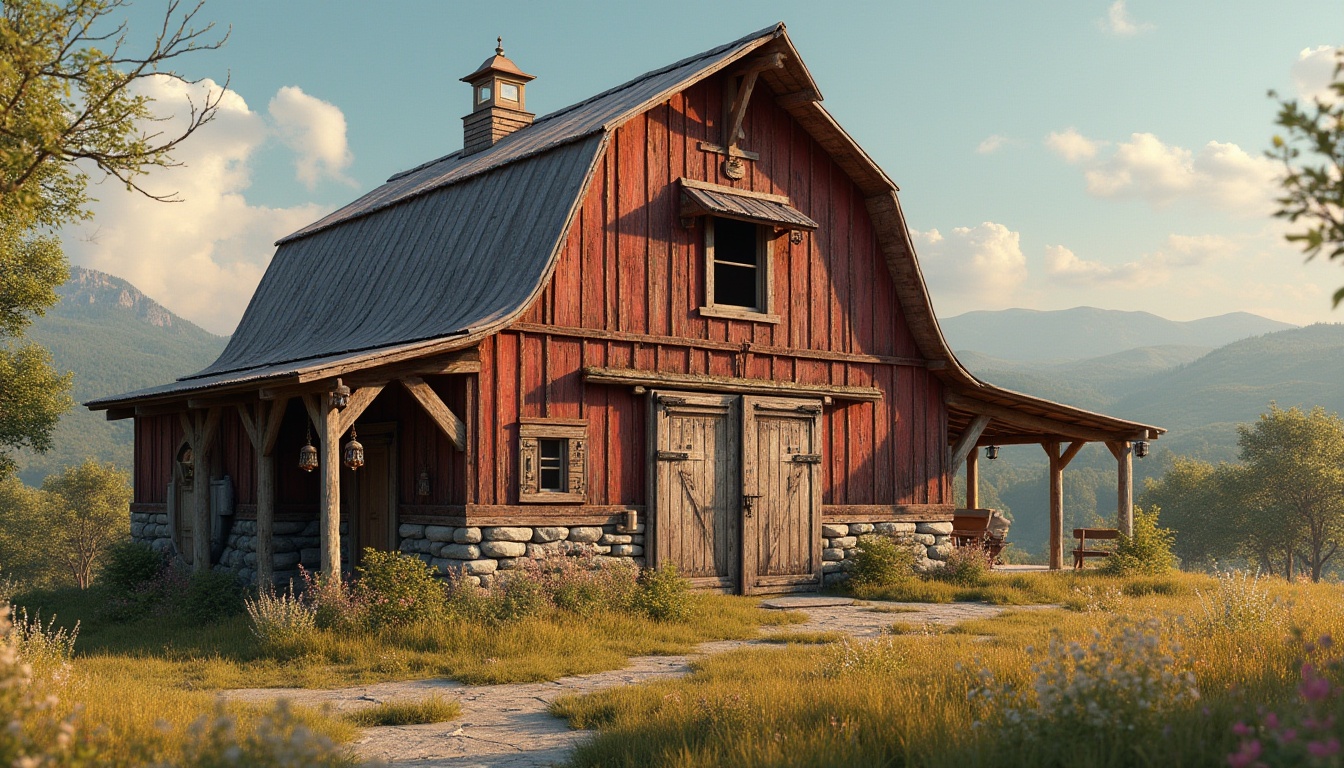 Prompt: Rustic barn, wooden accents, natural stone foundation, earthy color palette, vintage metal roofing, distressed wood textures, romantic countryside landscape, rolling hills, wildflowers, sunny afternoon, warm soft lighting, shallow depth of field, 1/2 composition, symmetrical framing, realistic weathering effects, ambient occlusion, ornate wooden doors, decorative metal hinges, nostalgic lanterns, whimsical wind chimes.