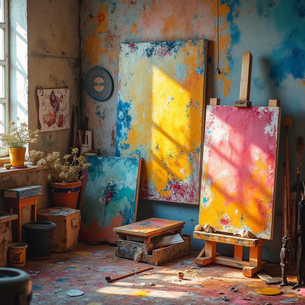 Prompt: Vibrant artistic studio, eclectic mix of colors, bold brushstrokes, abstract expressionism, textured canvases, oil paints, palette knives, artistic freedom, emotive color choices, warm golden hues, cool blue undertones, rich earthy tones, pastel softness, neon accents, gradient transitions, atmospheric perspective, shallow depth of field, 1/2 composition, natural lighting, soft focus, impressionist textures.